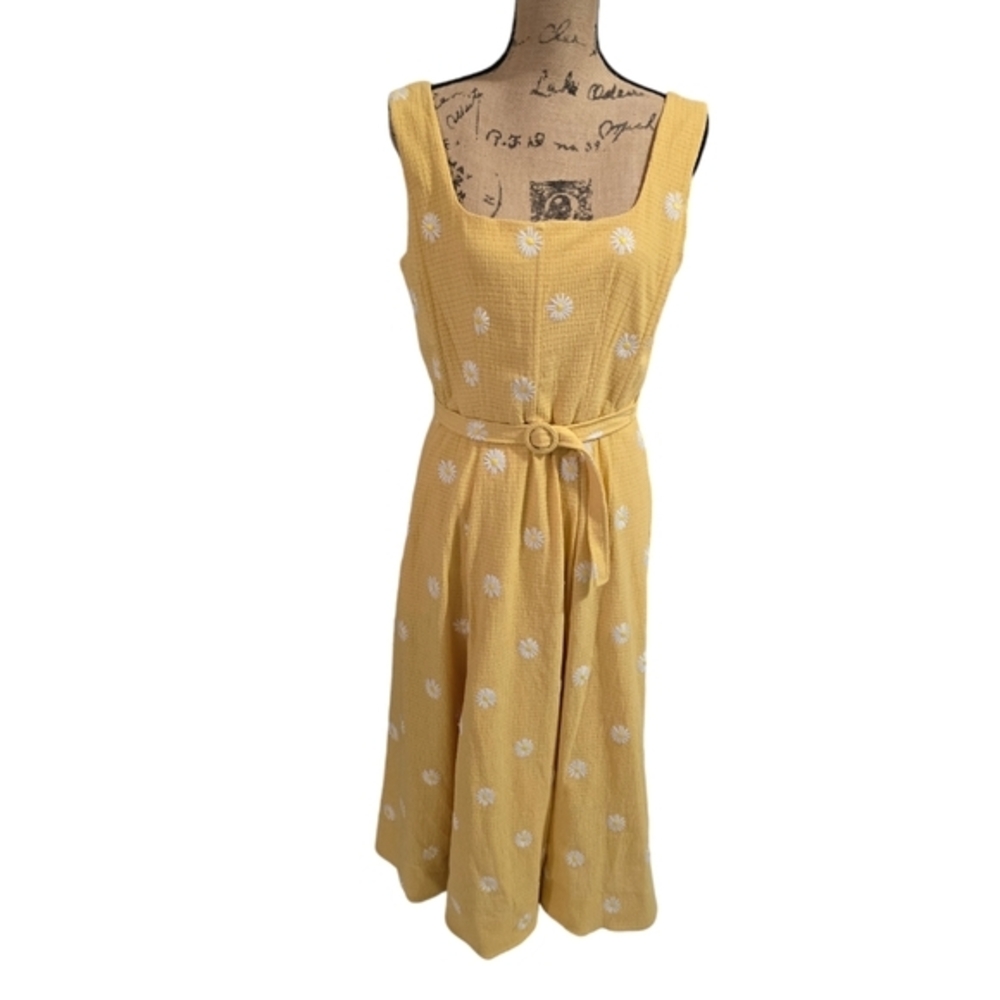 Taylor Sunshine Yellow Embroidered Daisy Belted Fit n Flare Dress Size 10 New!